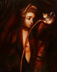 A gesture of offering, poised between ritual and desire - Elegance softens the enigma, inviting contemplation.